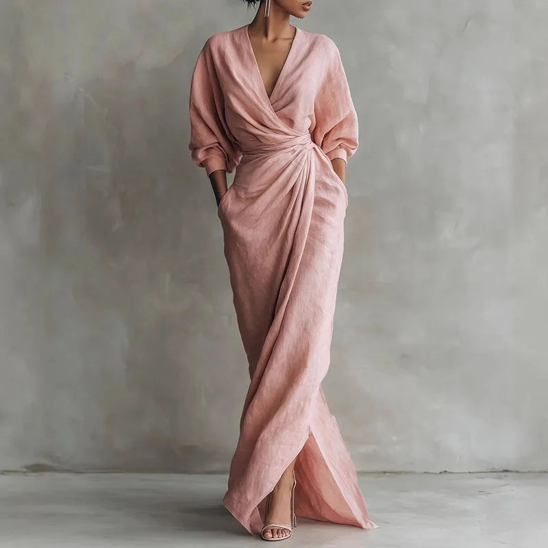 Elowen | Women's V Neck Wrap Waist Long Dress-Omni Prime Goods