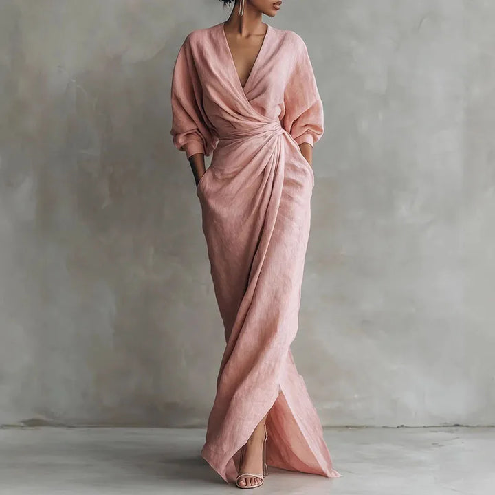Elowen | Women's V Neck Wrap Waist Long Dress-Omni Prime Goods