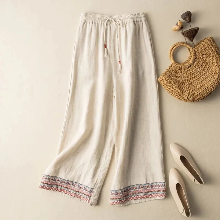 Embroidered Wide Leg Linen Pants | Women's Fashion Trousers-Omni Prime Goods