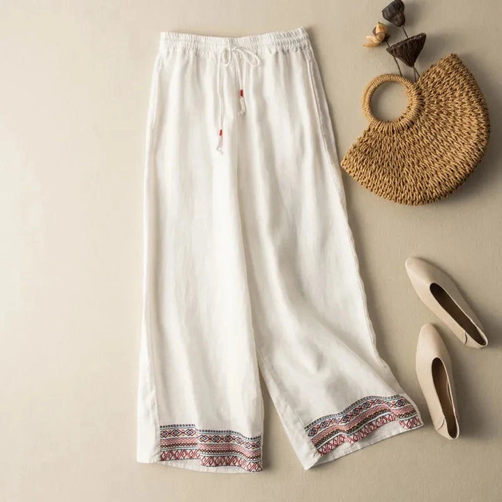 Embroidered Wide Leg Linen Pants | Women's Fashion Trousers-Omni Prime Goods