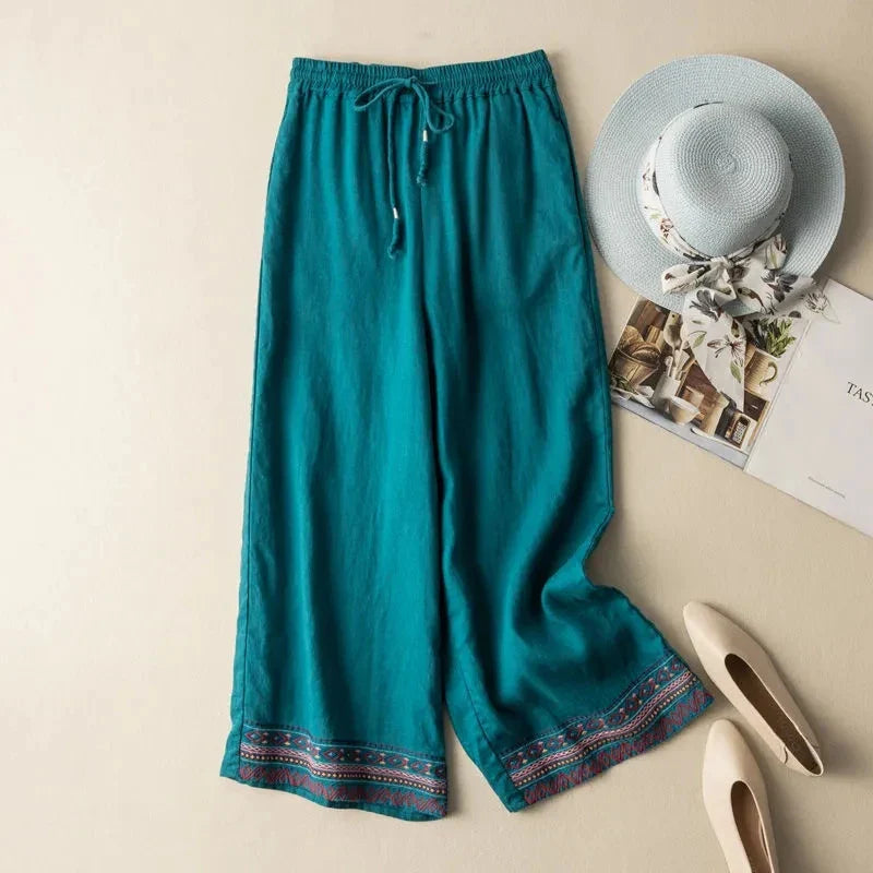 Embroidered Wide Leg Linen Pants | Women's Fashion Trousers-Omni Prime Goods