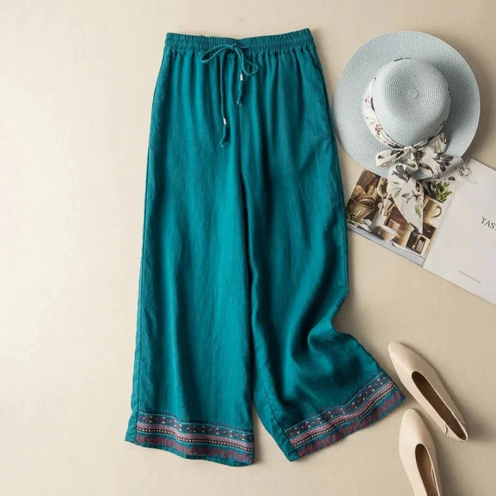 Embroidered Wide Leg Linen Pants | Women's Fashion Trousers-Omni Prime Goods