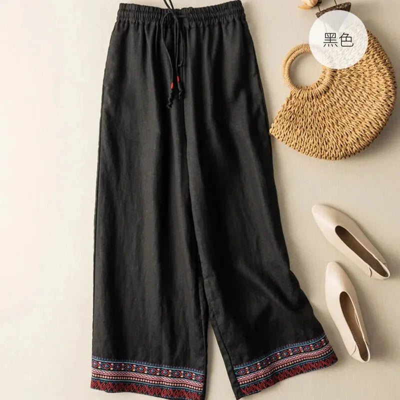 Embroidered Wide Leg Linen Pants | Women's Fashion Trousers-Omni Prime Goods