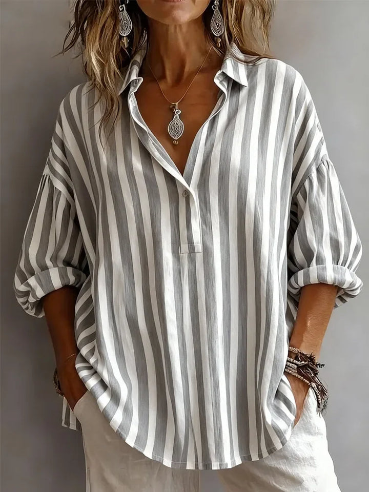 Emmeline | Women's Striped V-Neck Blouse-Omni Prime Goods