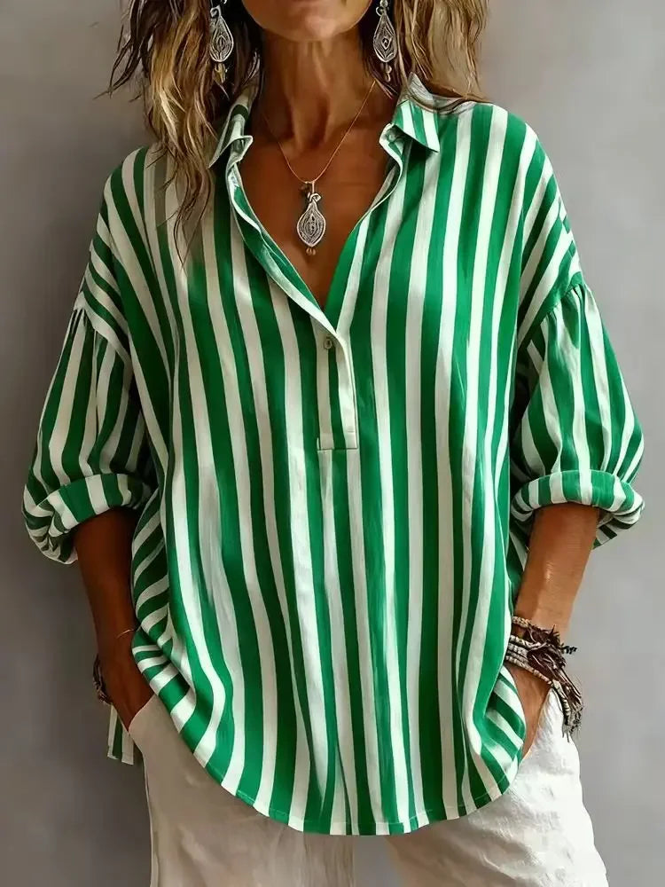 Emmeline | Women's Striped V-Neck Blouse-Omni Prime Goods