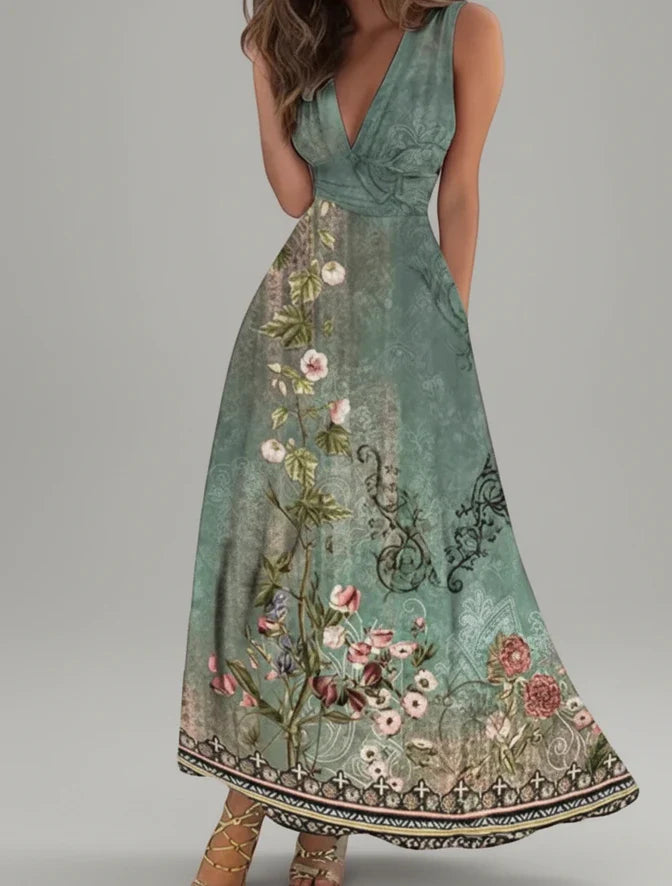 Floral V-Neck A-Line Midi Dress for Women | Stylish Summer Outfit