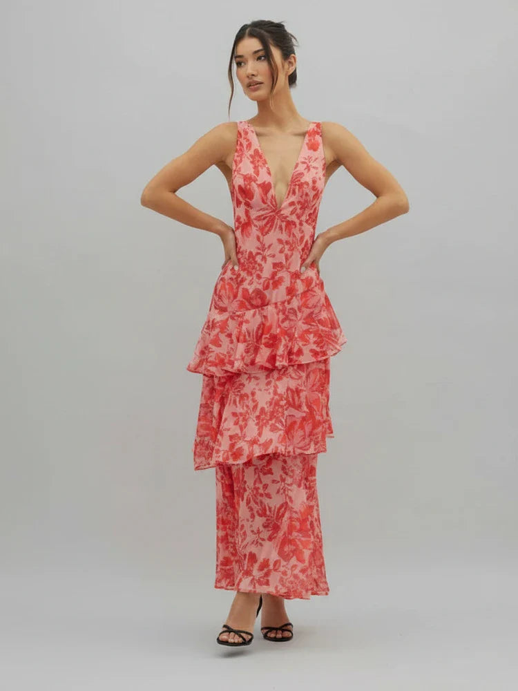 Floral V-Neck Maxi Dress | Women's Elegant Summer Dress