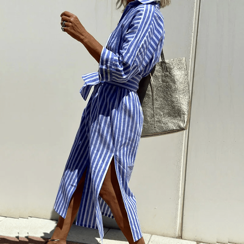 Frances | Women's Striped Button-Down Midi Dress-Omni Prime Goods