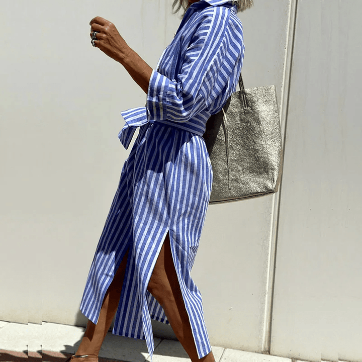 Frances | Women's Striped Button-Down Midi Dress-Omni Prime Goods