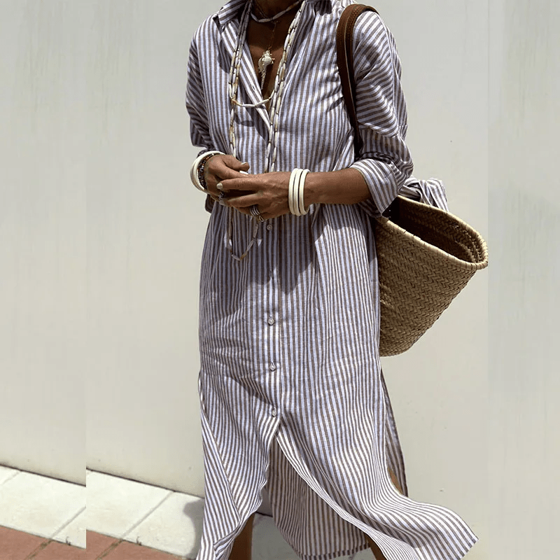 Frances | Women's Striped Button-Down Midi Dress-Omni Prime Goods