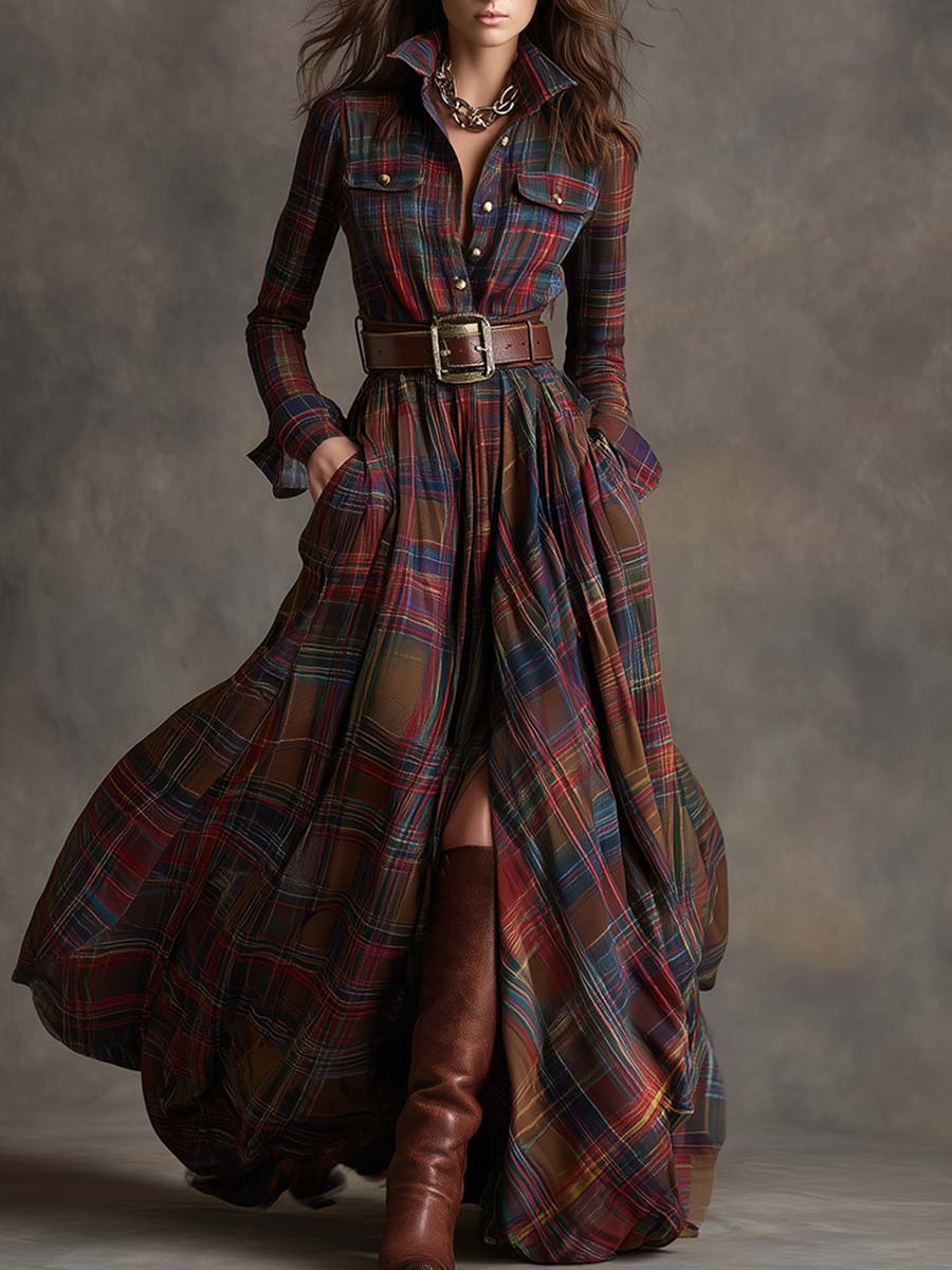 Gabriella | Women's Plaid Maxi Dress with Belt-Omni Prime Goods