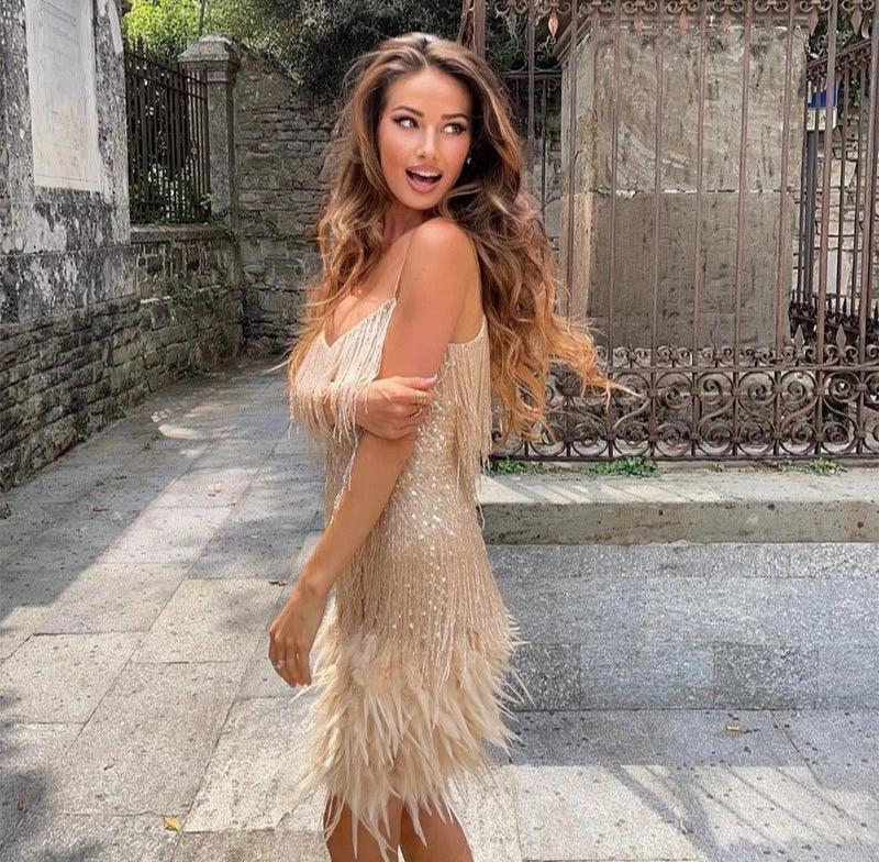 Gabrielle | Women's Mini Dress with Feather Fringe-Omni Prime Goods