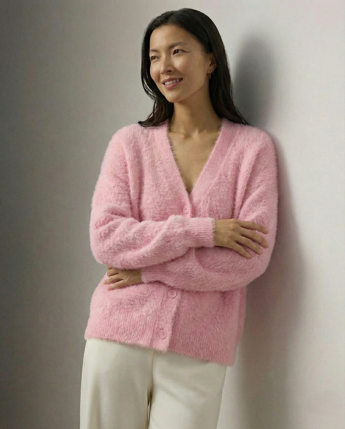 Women's Oversized Brushed Knit Cardigan with V-Neck Buttons