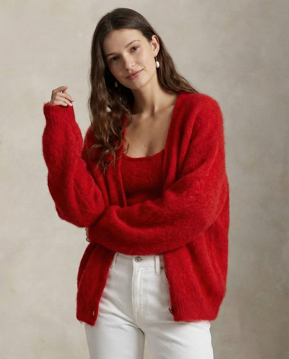 Women's Oversized Brushed Knit Cardigan with V-Neck Buttons