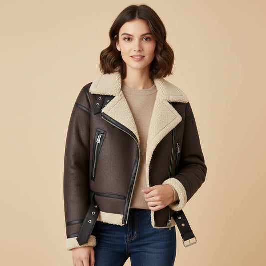 Veste de motard pour femme en similicuir, doublée de peau lainée et ceinturée