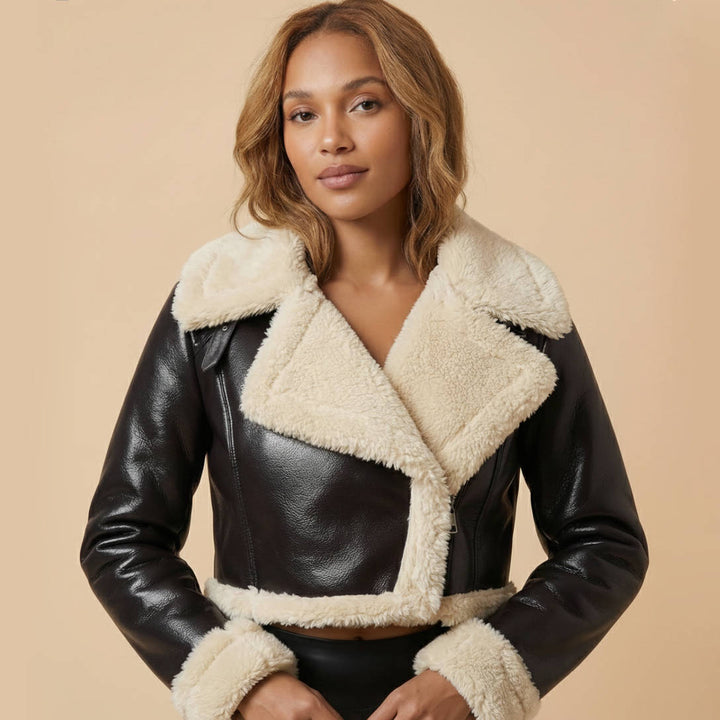 Women's Faux Leather Cropped Jacket with Shearling Lining