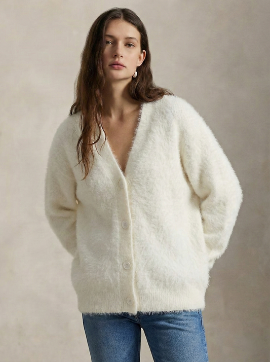 Women's Oversized Brushed Knit Cardigan with V-Neck Buttons