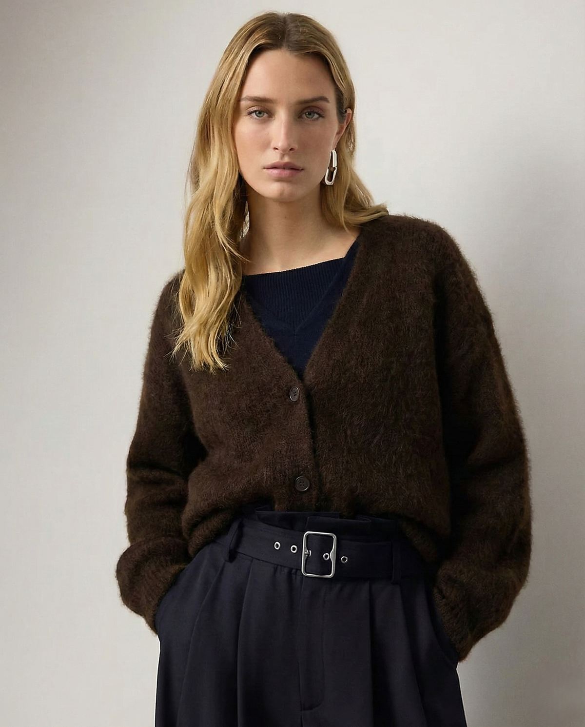 Women's Oversized Brushed Knit Cardigan with V-Neck Buttons