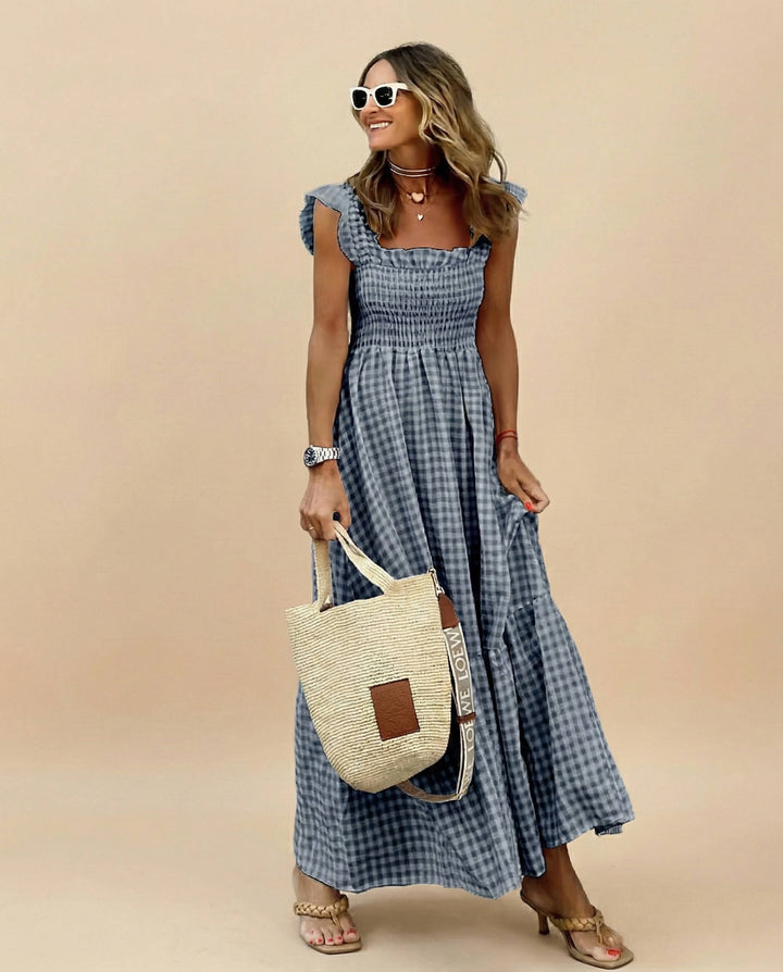 Women's Gingham Maxi Dress with Smocked Neck and Ruffle Straps
