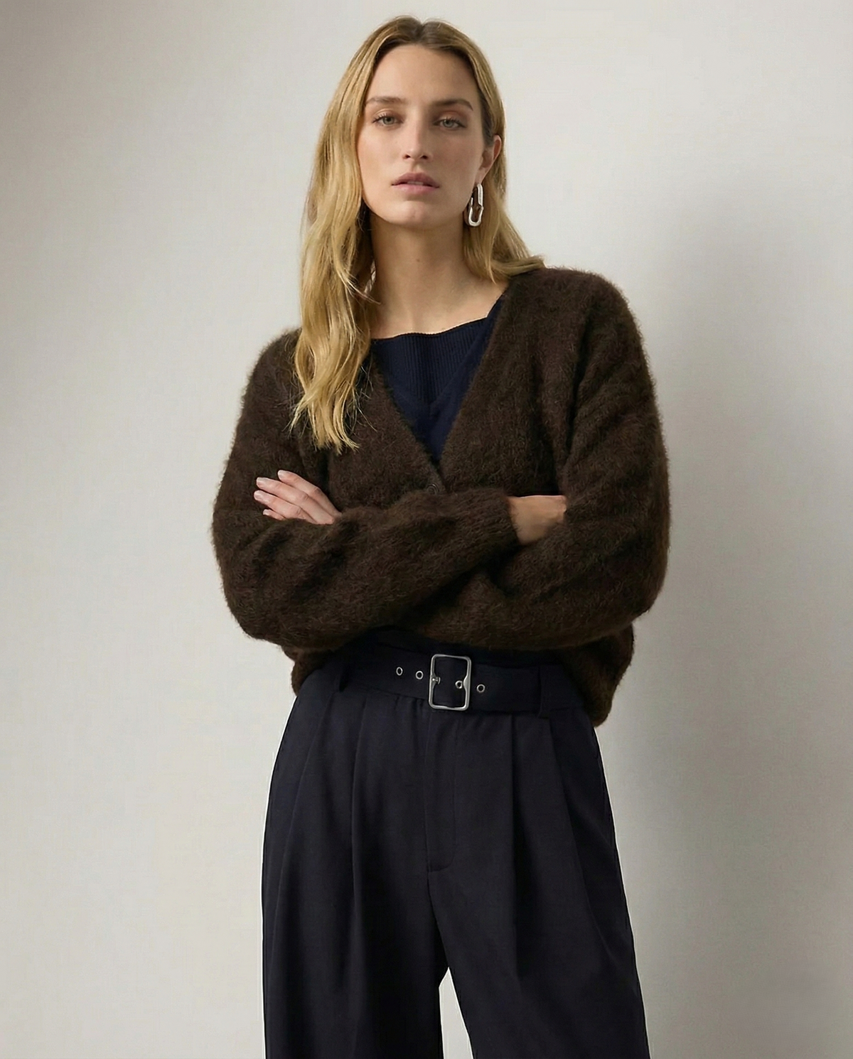 Women's Oversized Brushed Knit Cardigan with V-Neck Buttons