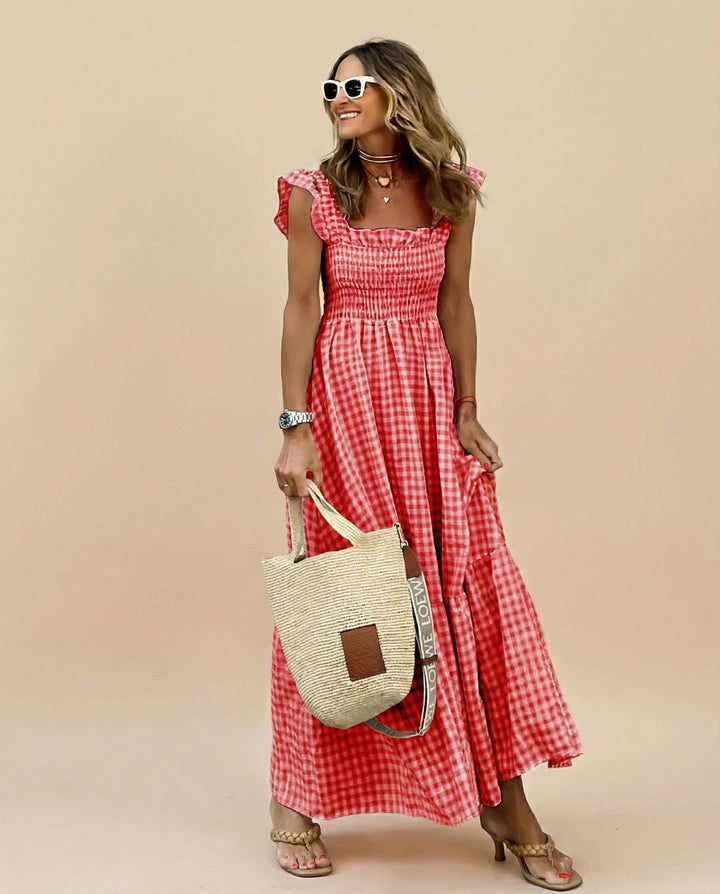 Women's Gingham Maxi Dress with Smocked Neck and Ruffle Straps