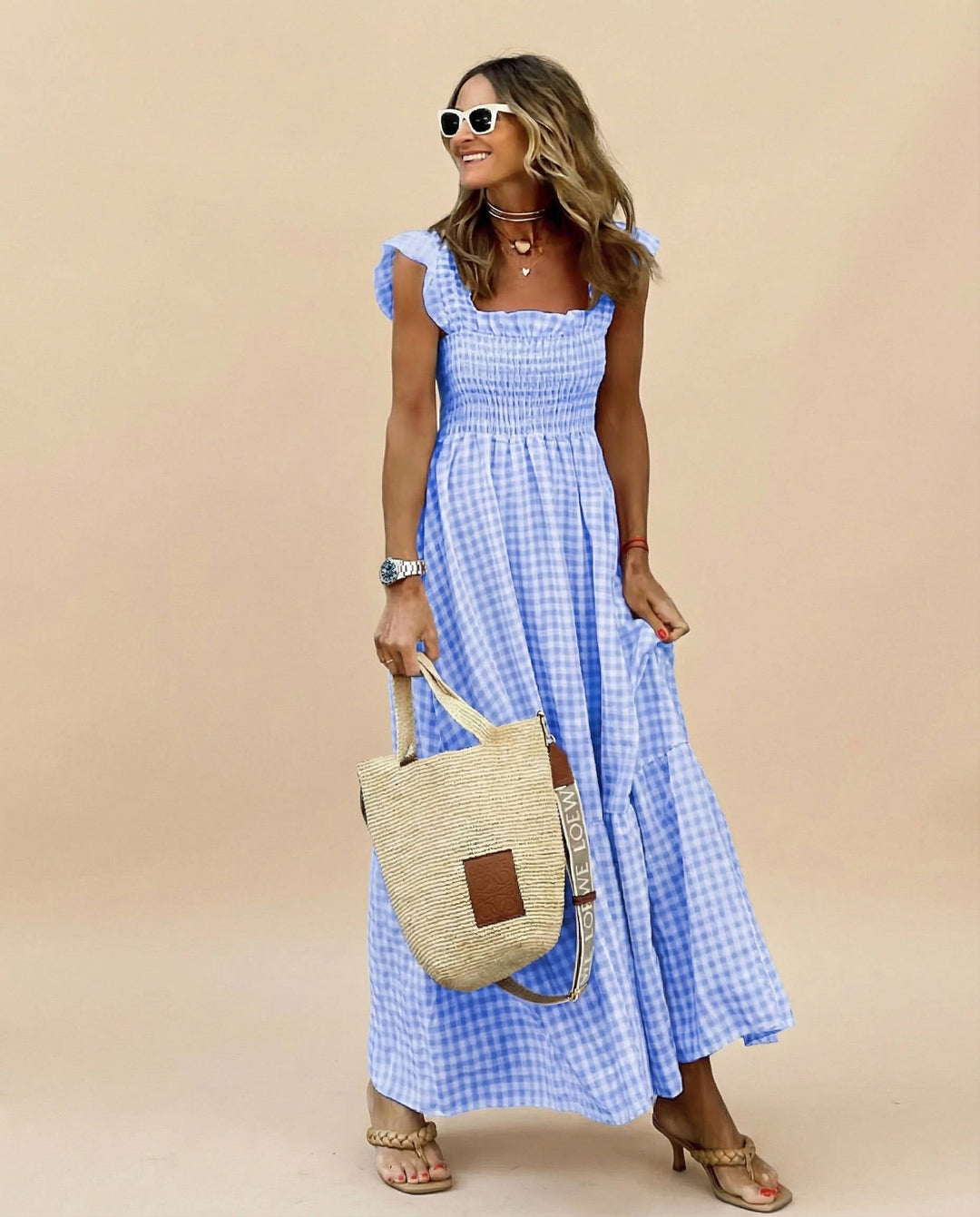 Women's Gingham Maxi Dress with Smocked Neck and Ruffle Straps