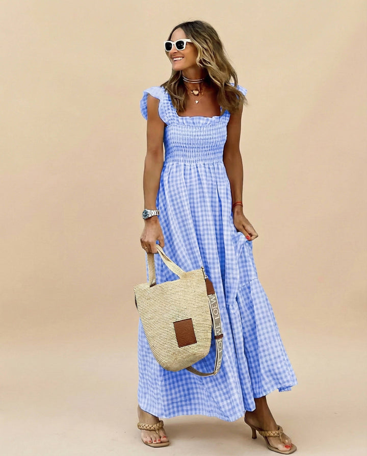 Women's Gingham Maxi Dress with Smocked Neck and Ruffle Straps