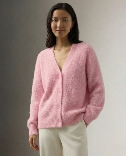 Women's Oversized Brushed Knit Cardigan with V-Neck Buttons