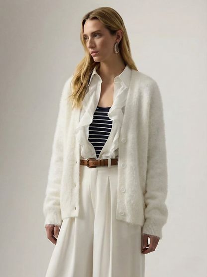 Women's Oversized Brushed Knit Cardigan with V-Neck Buttons