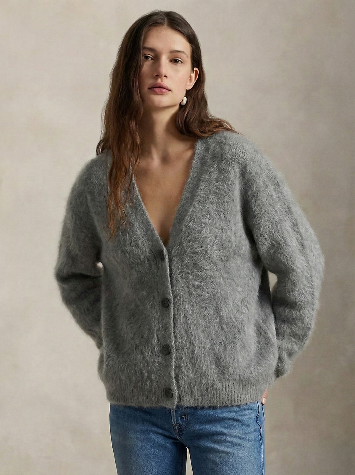 Women's Oversized Brushed Knit Cardigan with V-Neck Buttons