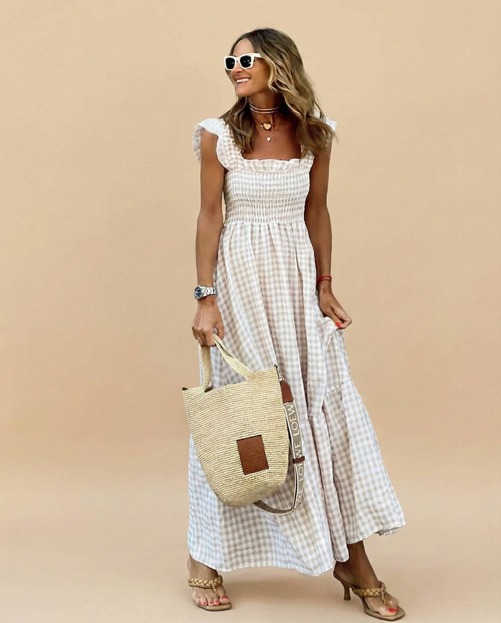 Women's Gingham Maxi Dress with Smocked Neck and Ruffle Straps