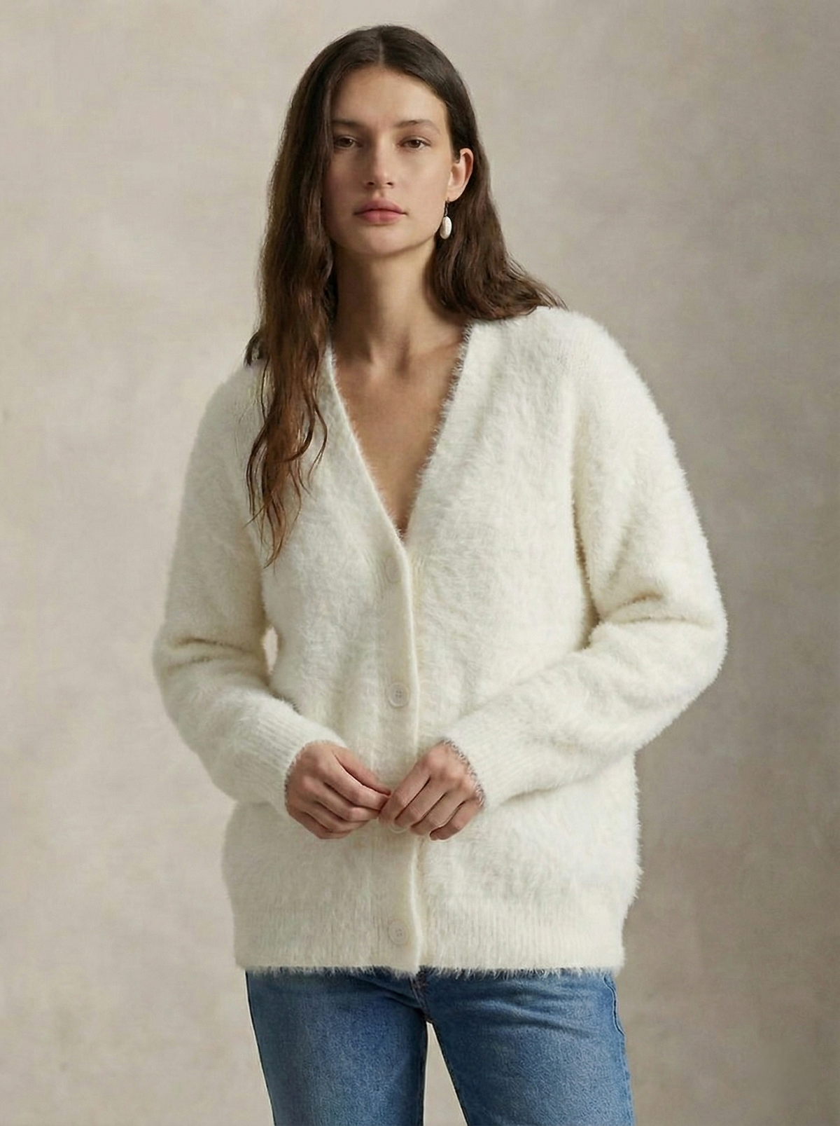 Women's Oversized Brushed Knit Cardigan with V-Neck Buttons