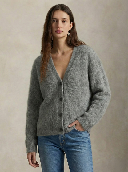 Women's Oversized Brushed Knit Cardigan with V-Neck Buttons