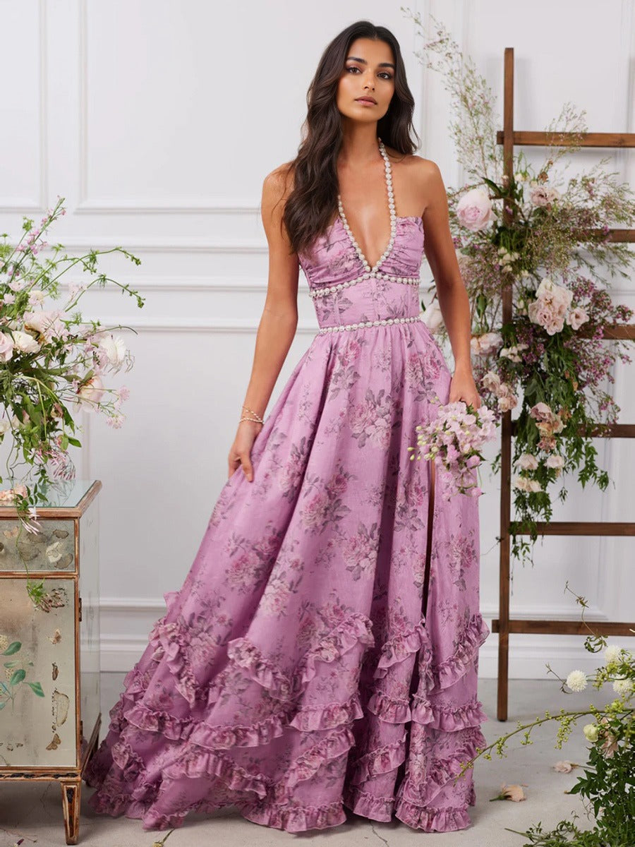 Geraldine | Women's Halter A-Line Maxi Dress-Omni Prime Goods