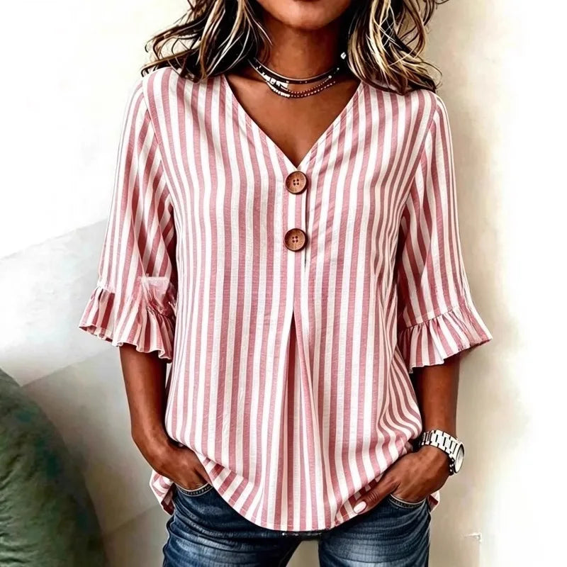 Hazel | Women's Striped Ruffle Sleeve Blouse-Omni Prime Goods