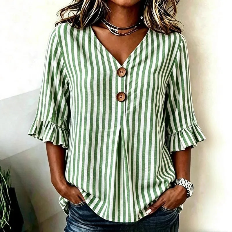 Hazel | Women's Striped Ruffle Sleeve Blouse-Omni Prime Goods