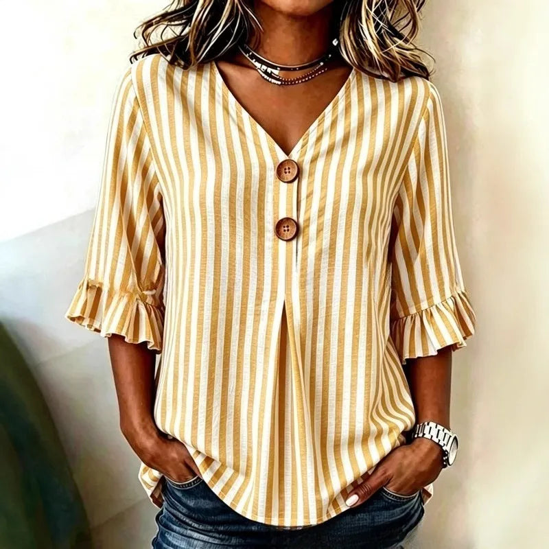 Hazel | Women's Striped Ruffle Sleeve Blouse-Omni Prime Goods