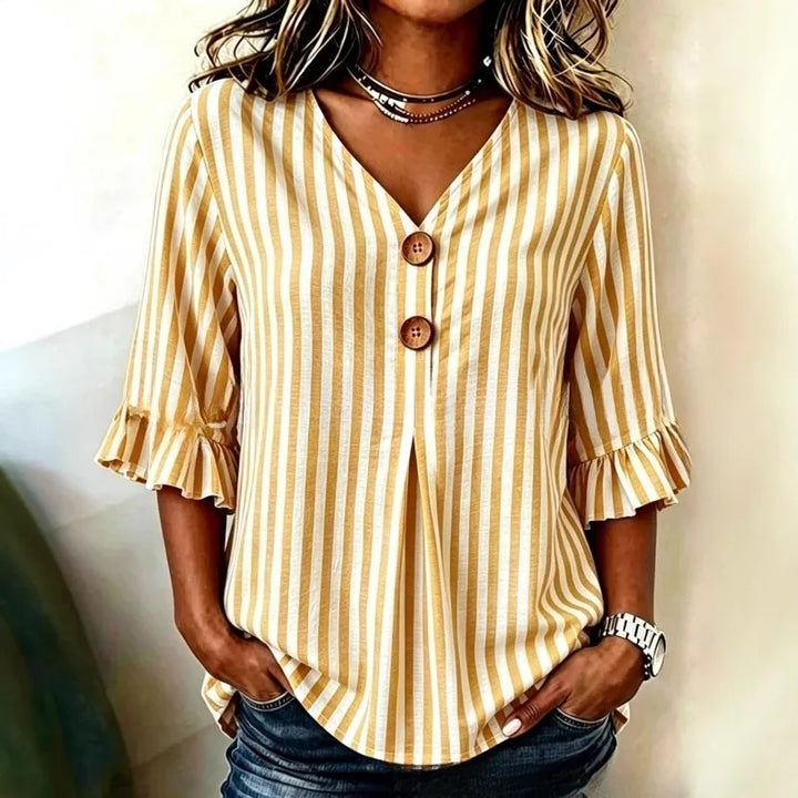 Hazel | Women's Striped Ruffle Sleeve Blouse-Omni Prime Goods