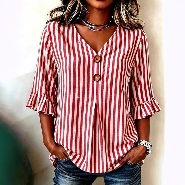 Hazel | Women's Striped Ruffle Sleeve Blouse-Omni Prime Goods