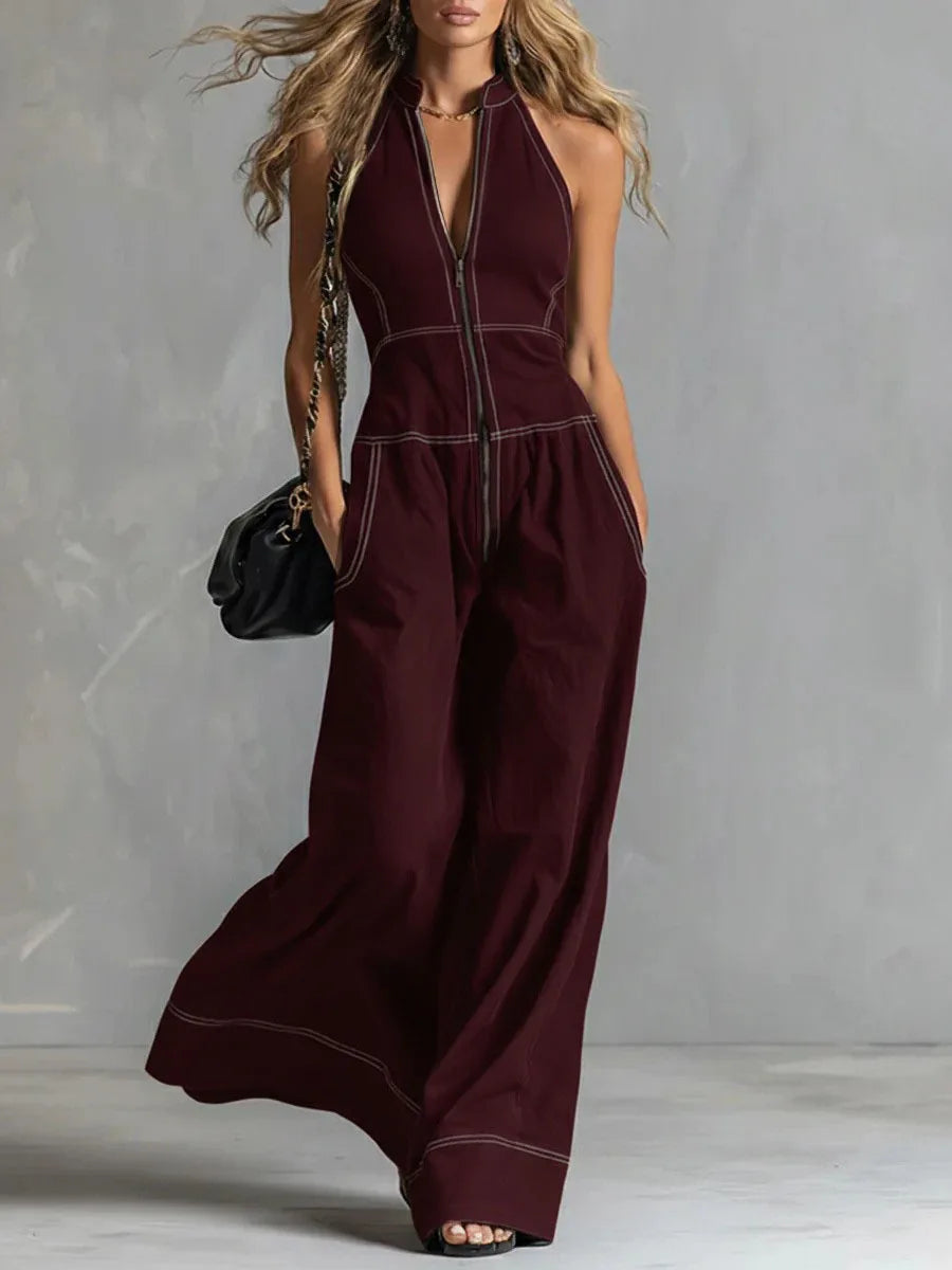 Kaia | Women's Zip Front Wide Leg Jumpsuit-Omni Prime Goods