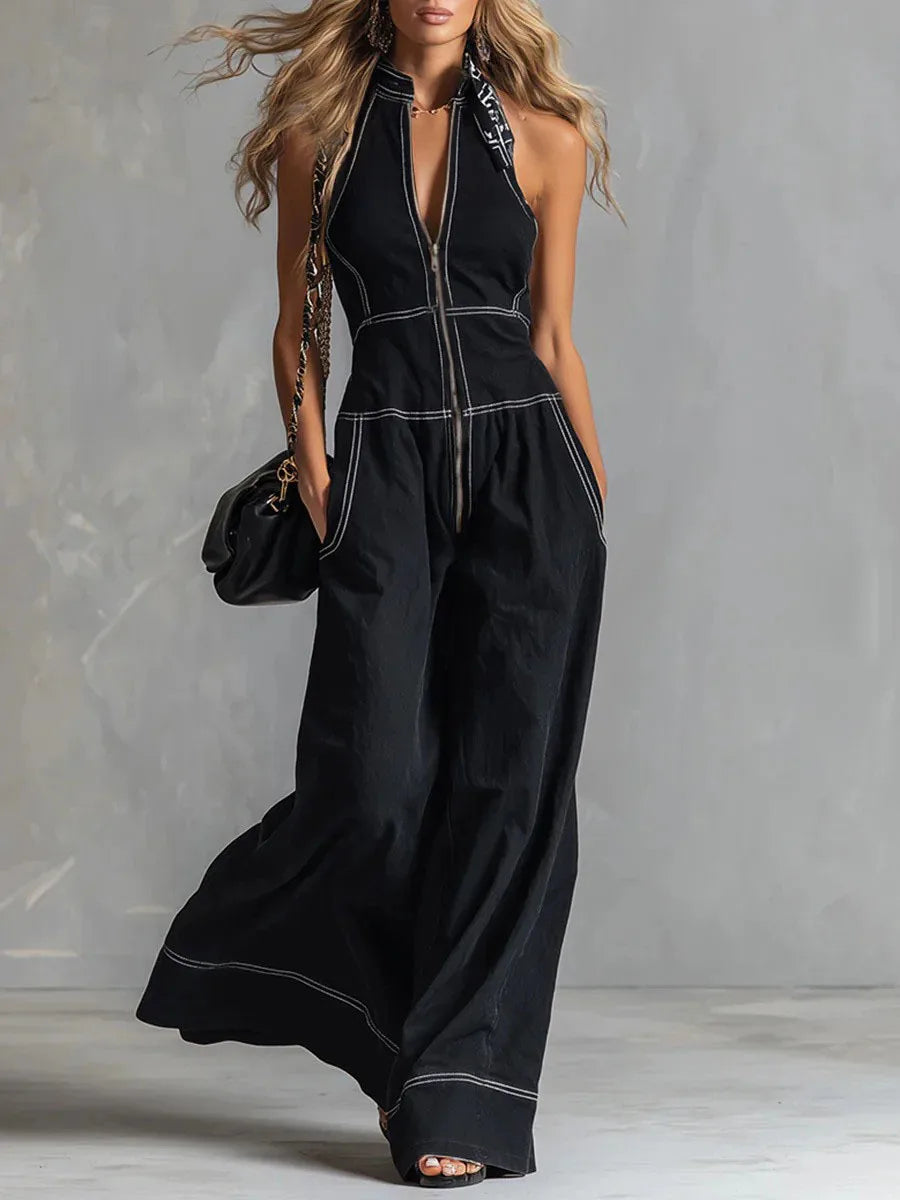 Kaia | Women's Zip Front Wide Leg Jumpsuit-Omni Prime Goods