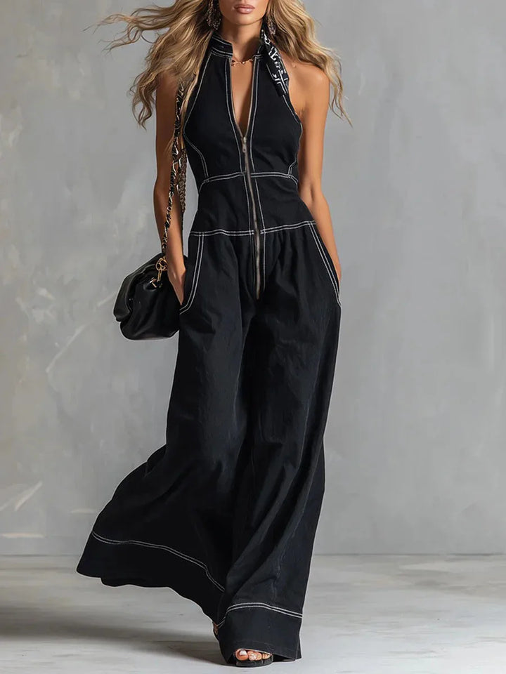 Kaia | Women's Zip Front Wide Leg Jumpsuit-Omni Prime Goods