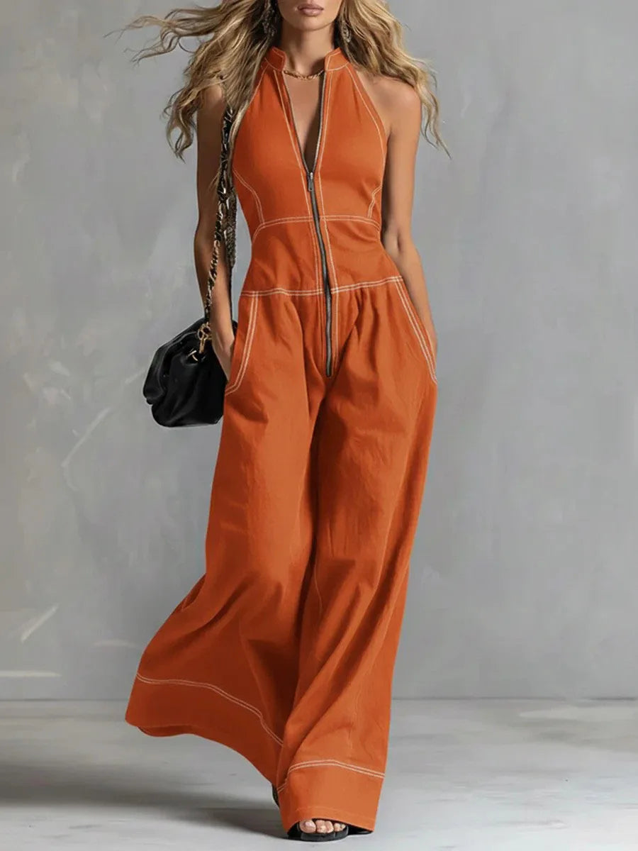 Kaia | Women's Zip Front Wide Leg Jumpsuit-Omni Prime Goods