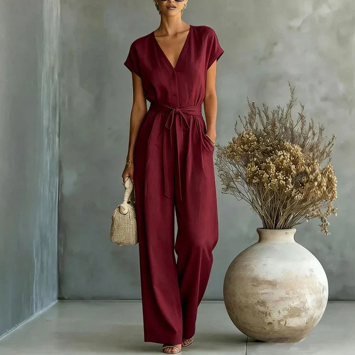 Kyrella Linen V Neck Jumpsuit | Women's Linen V Neck Jumpsuit-Omni Prime Goods