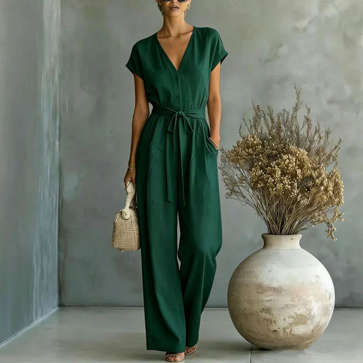 Kyrella Linen V Neck Jumpsuit | Women's Linen V Neck Jumpsuit-Omni Prime Goods