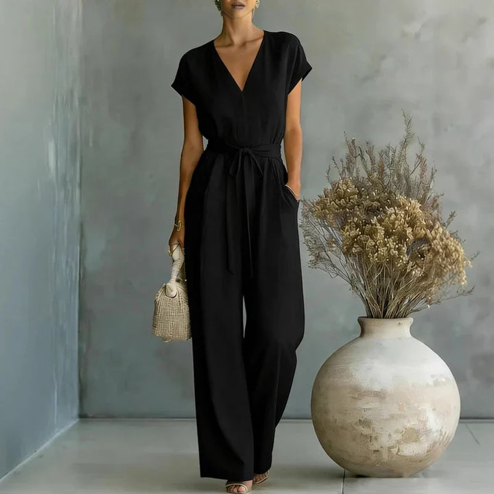Kyrella Linen V Neck Jumpsuit | Women's Linen V Neck Jumpsuit-Omni Prime Goods