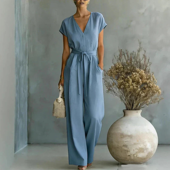 Kyrella Linen V Neck Jumpsuit | Women's Linen V Neck Jumpsuit-Omni Prime Goods