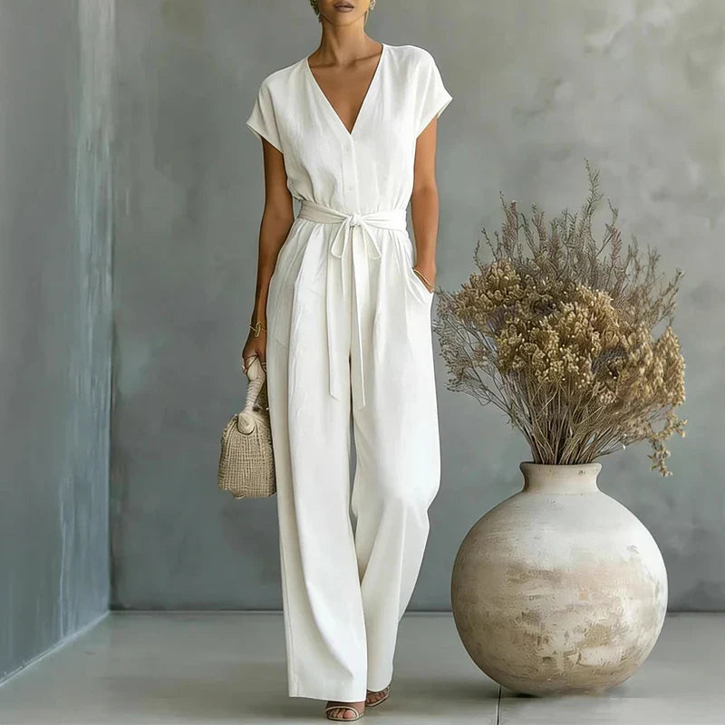 Kyrella Linen V Neck Jumpsuit | Women's Linen V Neck Jumpsuit-Omni Prime Goods