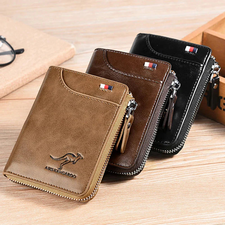 Men's RFID-Blocking Leather Wallet with Zipper Closure