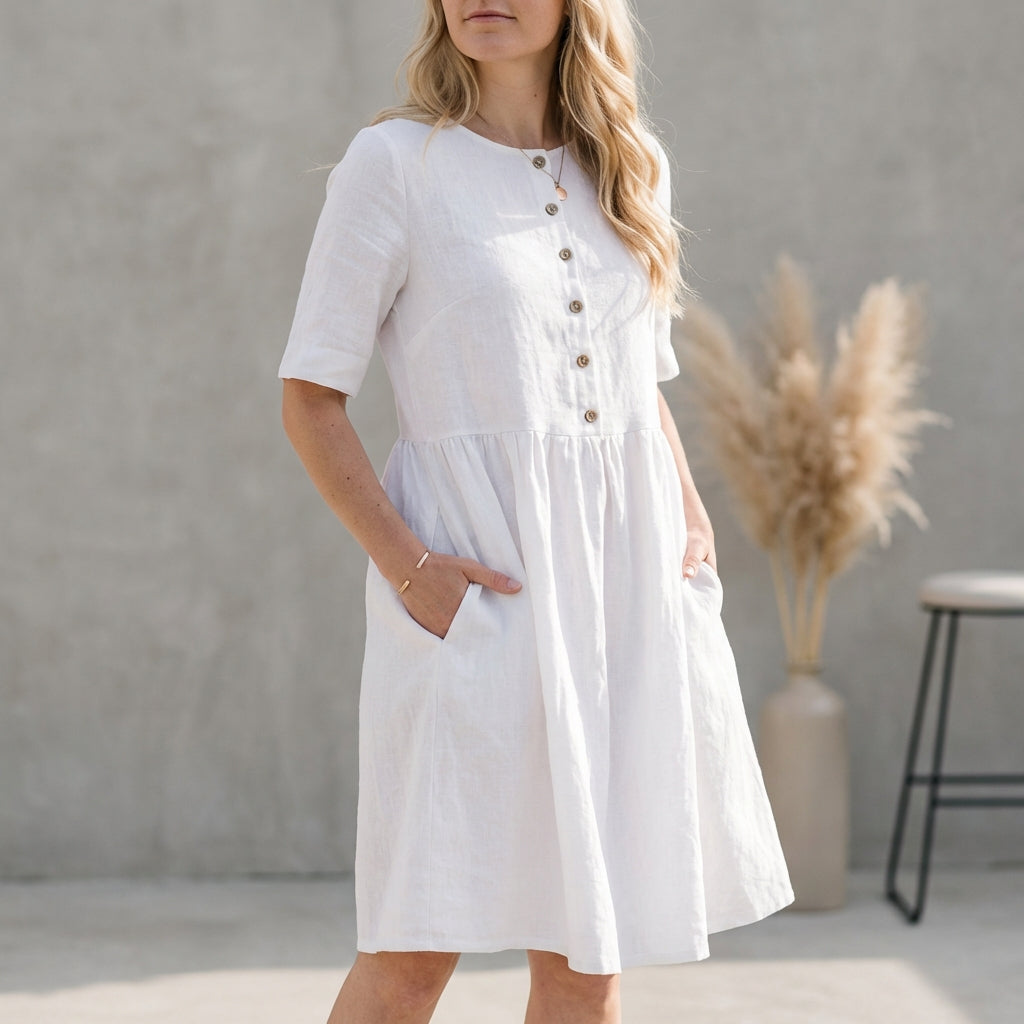 Leah | Women's A-Line Midi Dress with Button Front-Omni Prime Goods